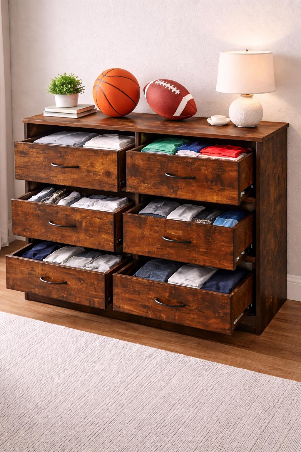 Rustic 6 Drawer Wooden Dresser | Vintage Industrial Storage Cabinet | Bedroom Sideboard Console