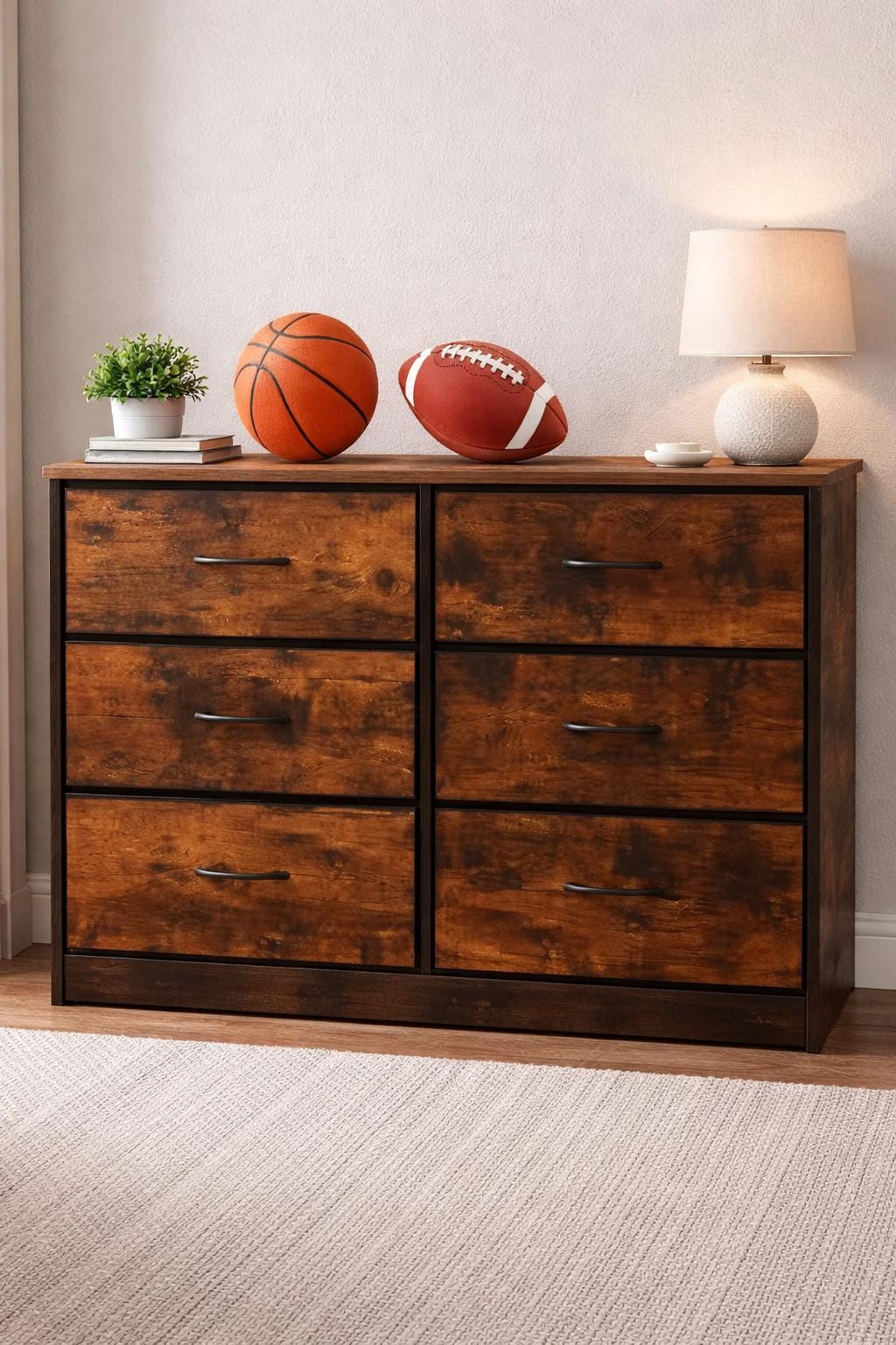 Rustic 6 Drawer Wooden Dresser | Vintage Industrial Storage Cabinet | Bedroom Sideboard Console