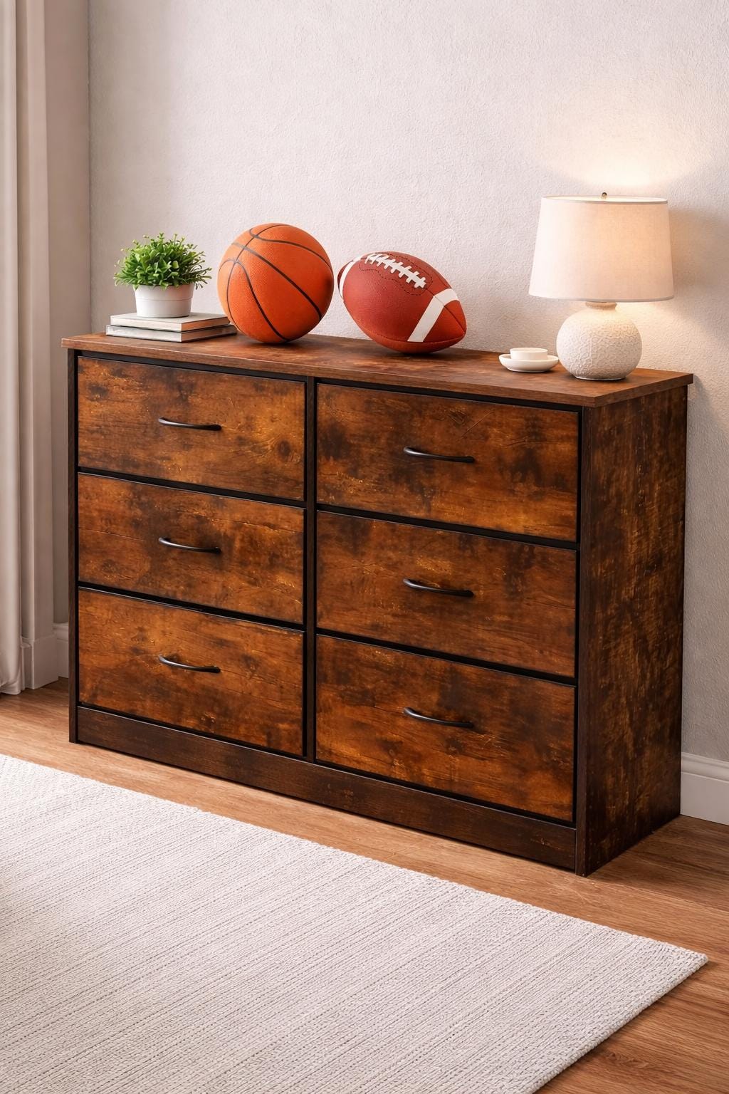 Rustic 6 Drawer Wooden Dresser | Vintage Industrial Storage Cabinet | Bedroom Sideboard Console