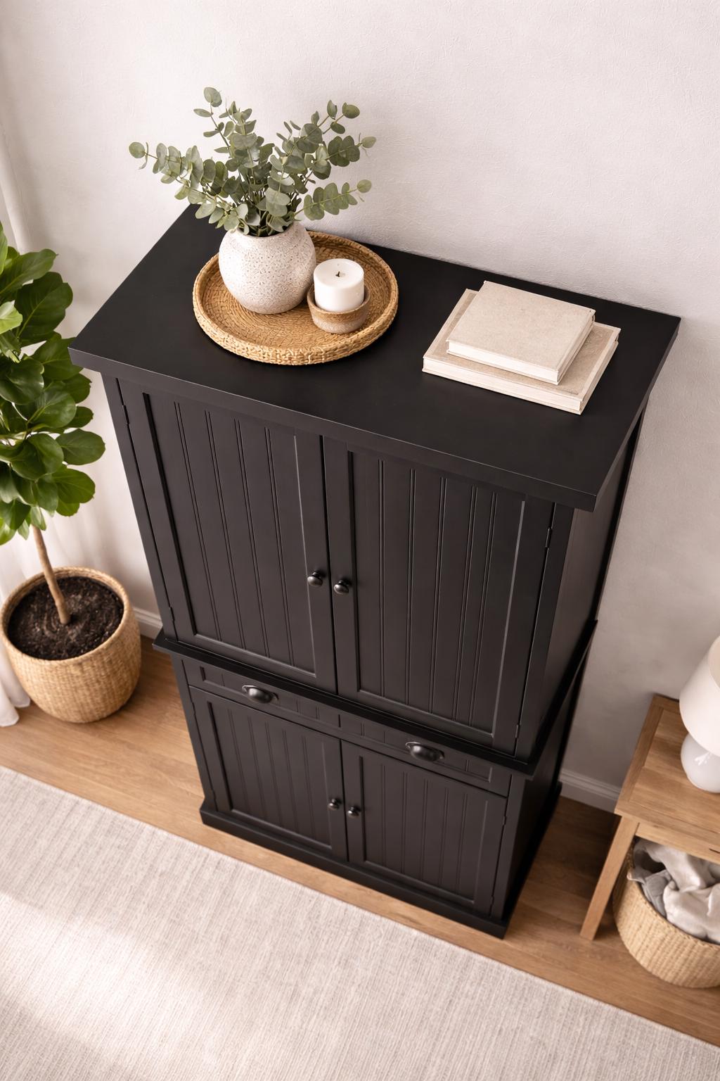 Black Wooden Storage Cabinet | Farmhouse Pantry Cupboard | Tall Multi-Storage Organizer with Doors & Drawer