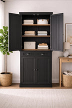 Black Wooden Storage Cabinet | Farmhouse Pantry Cupboard | Tall Multi-Storage Organizer with Doors & Drawer