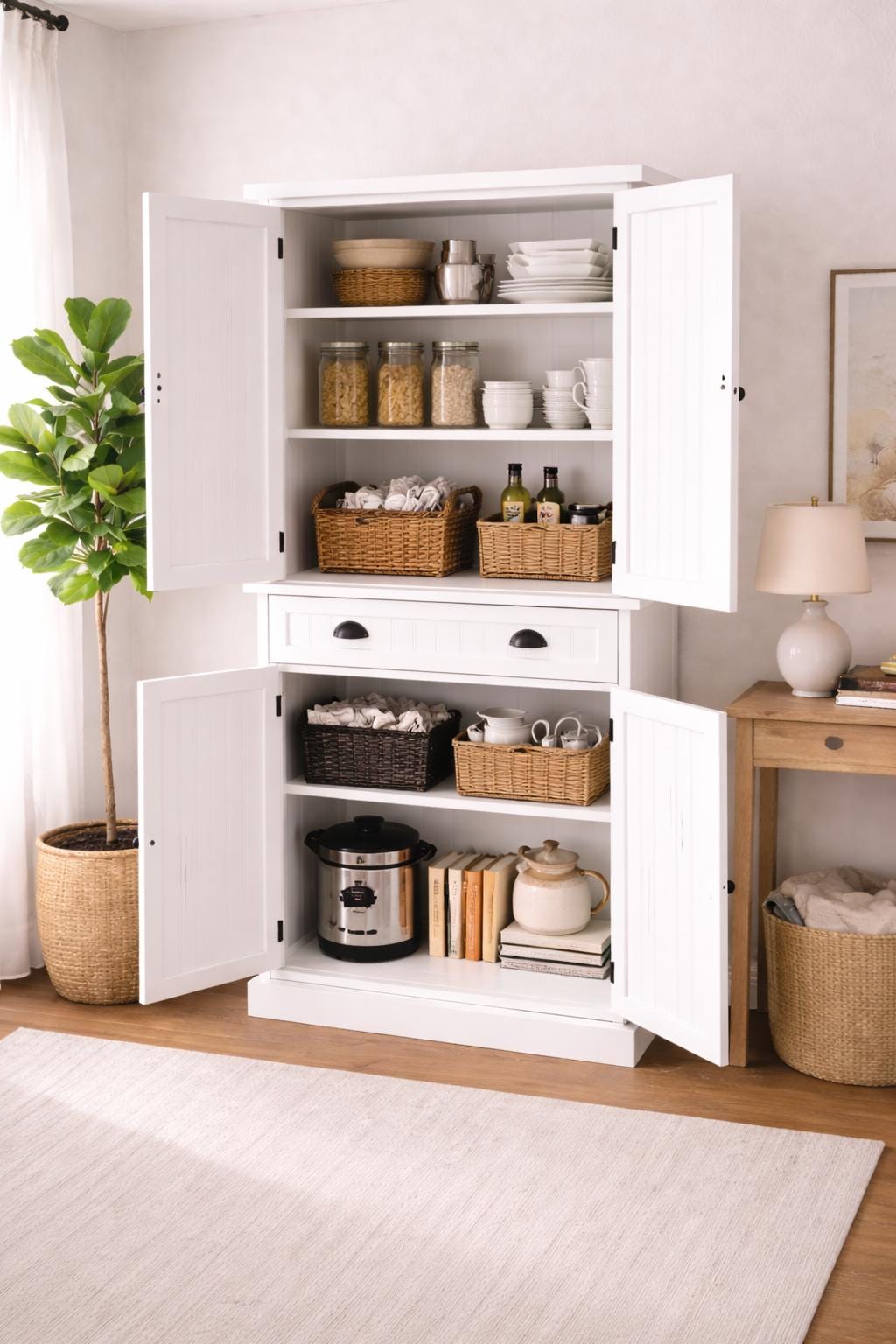Black Wooden Storage Cabinet | Farmhouse Pantry Cupboard | Tall Multi-Storage Organizer with Doors & Drawer
