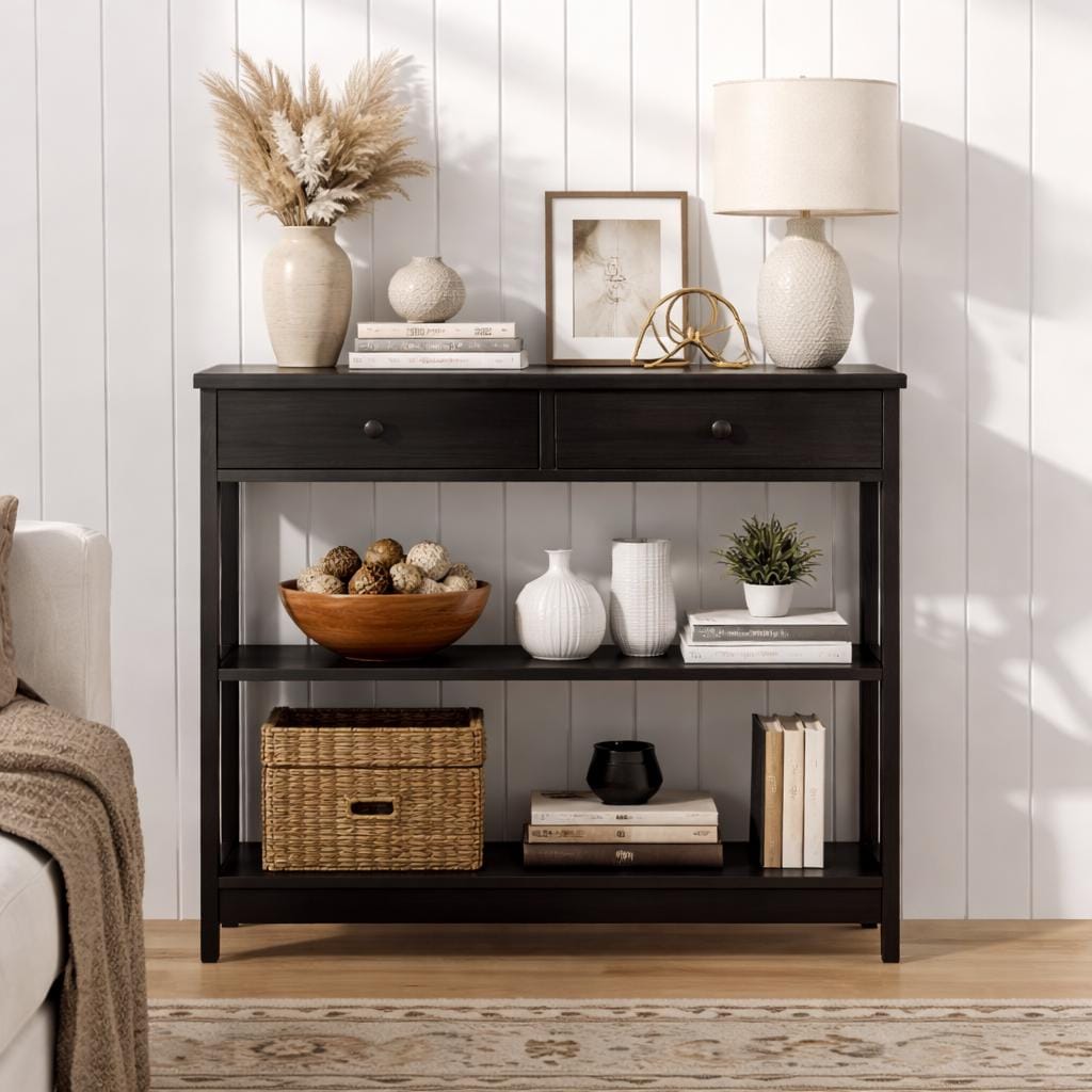 Modern Black Console Table with Storage Shelf & Drawers | Entryway / Living Room Wooden Cabinet