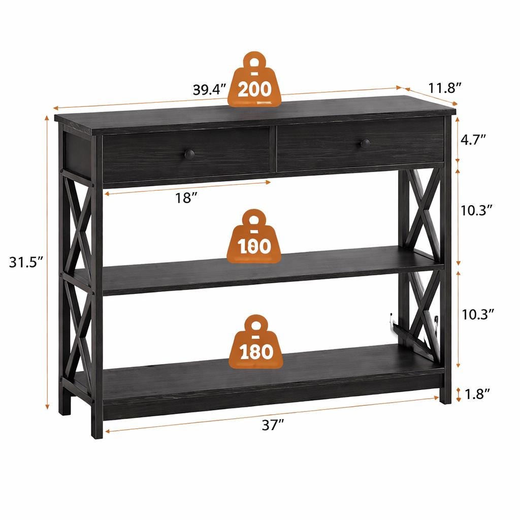 Modern Black Console Table with Storage Shelf & Drawers | Entryway / Living Room Wooden Cabinet