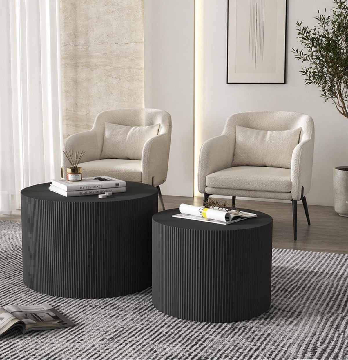 Modern Black Ribbed Drum Nesting Coffee Tables – Set of 2 Side Tables