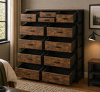 Modern Brown 14-Drawer Dresser Chest – 10 Large + 4 Small Storage Drawers with White Frame