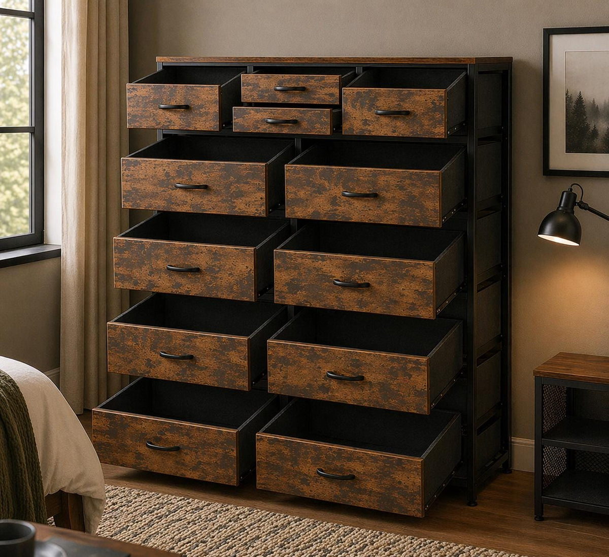 Modern Brown 14-Drawer Dresser Chest – 10 Large + 4 Small Storage Drawers with White Frame