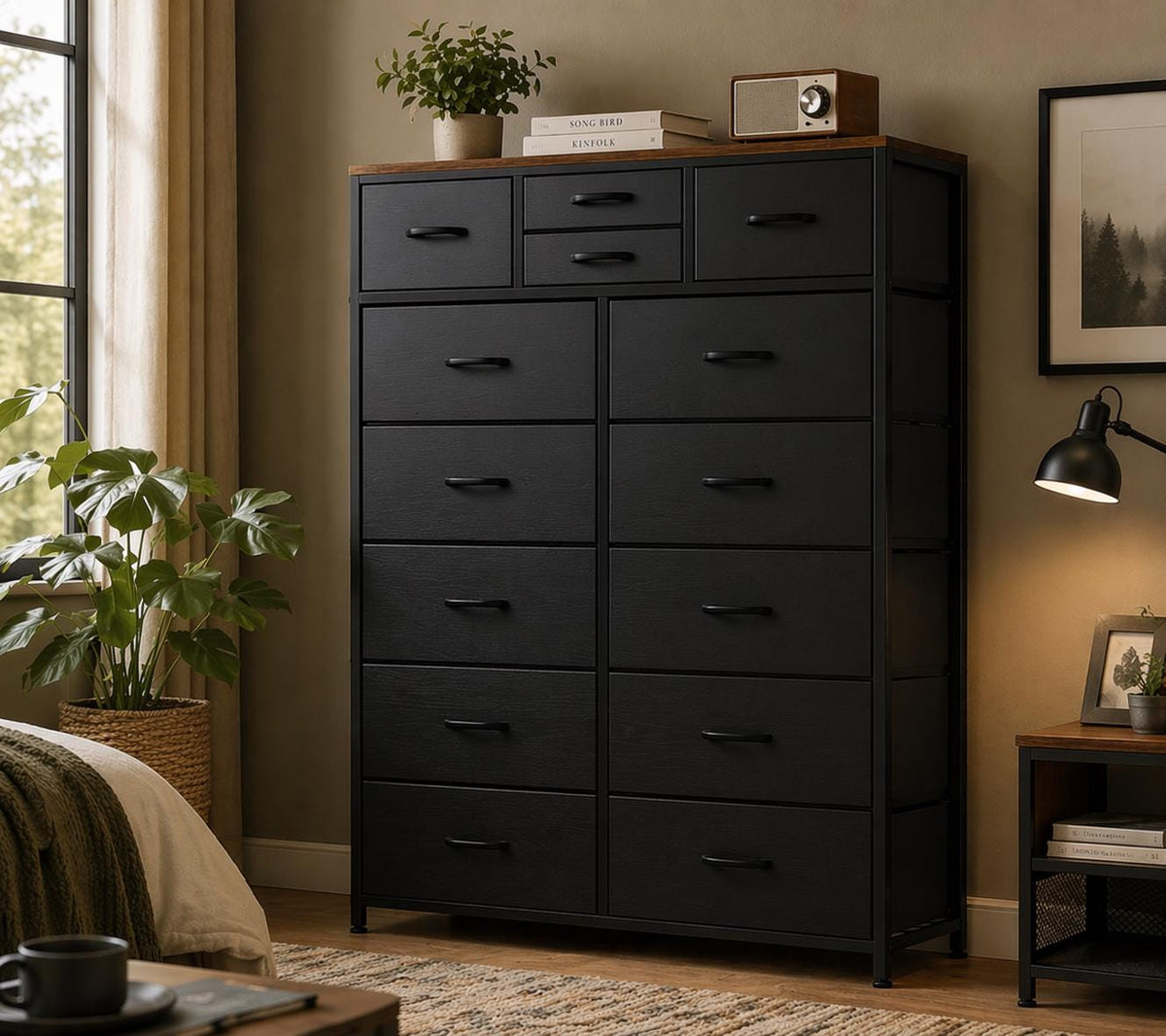 Modern Brown 14-Drawer Dresser Chest – 10 Large + 4 Small Storage Drawers with White Frame