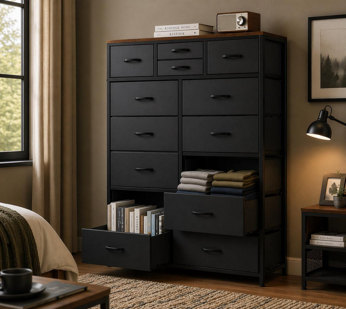 Modern Brown 14-Drawer Dresser Chest – 10 Large + 4 Small Storage Drawers with White Frame