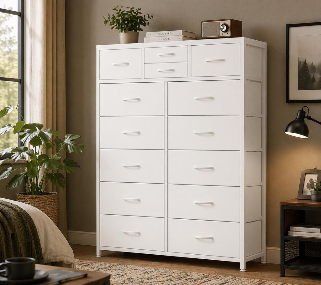 Modern Brown 14-Drawer Dresser Chest – 10 Large + 4 Small Storage Drawers with White Frame