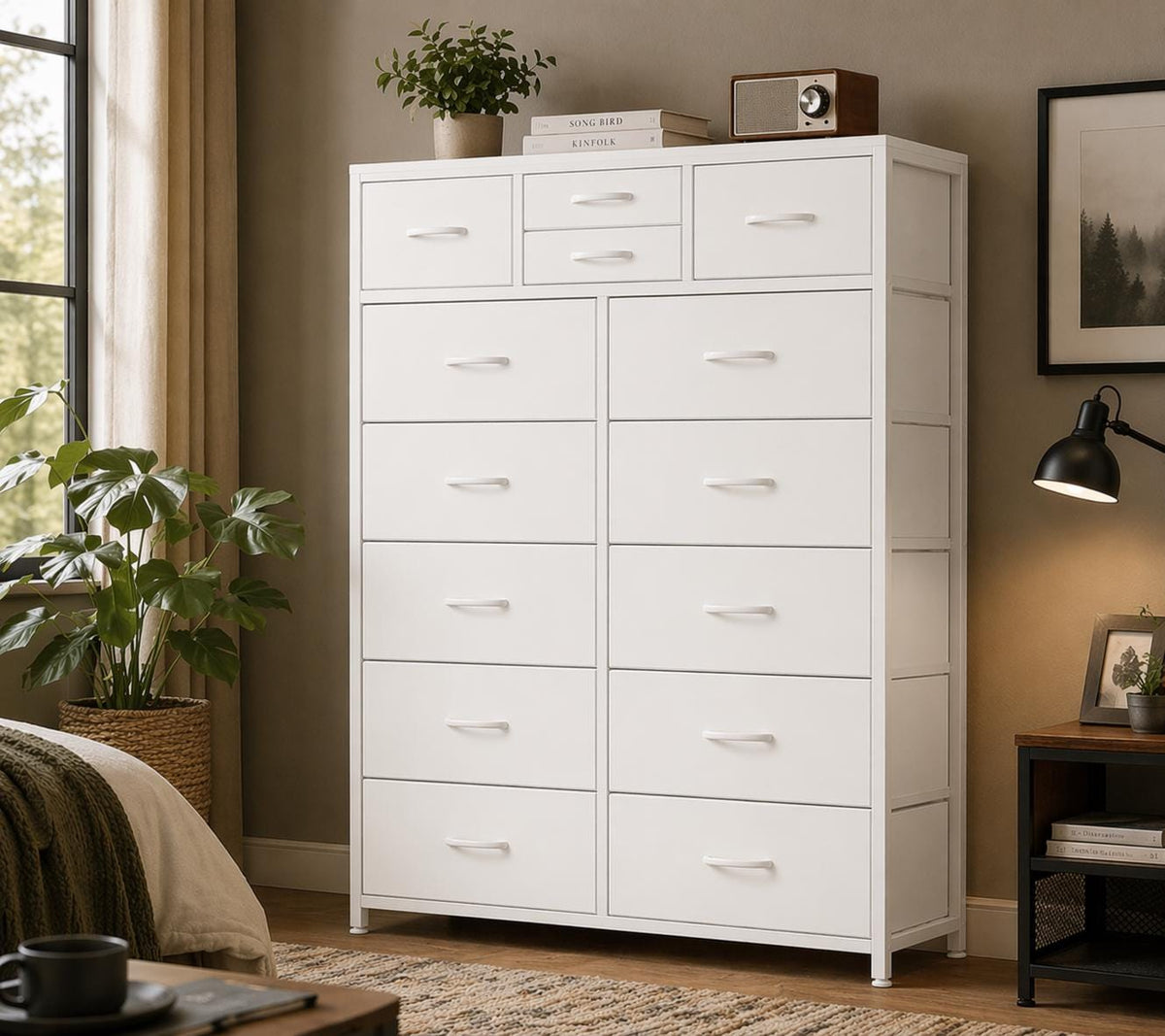 Modern Brown 14-Drawer Dresser Chest – 10 Large + 4 Small Storage Drawers with White Frame