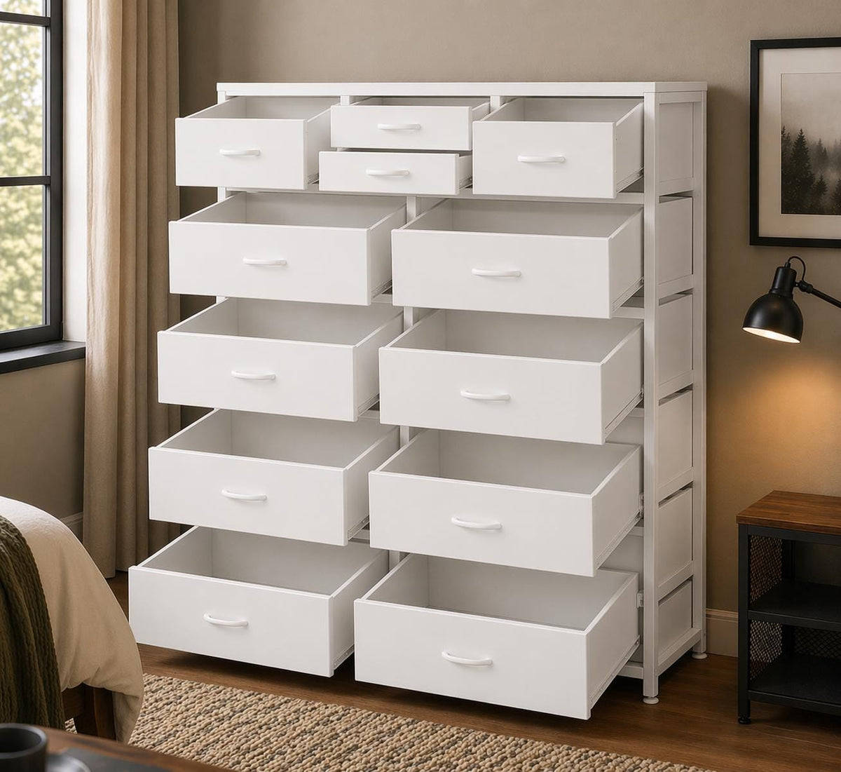 Modern Brown 14-Drawer Dresser Chest – 10 Large + 4 Small Storage Drawers with White Frame