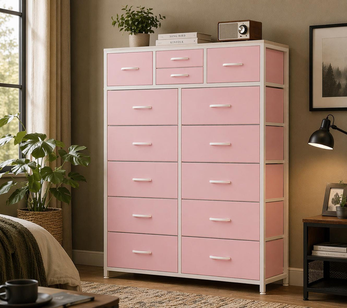 Modern Brown 14-Drawer Dresser Chest – 10 Large + 4 Small Storage Drawers with White Frame