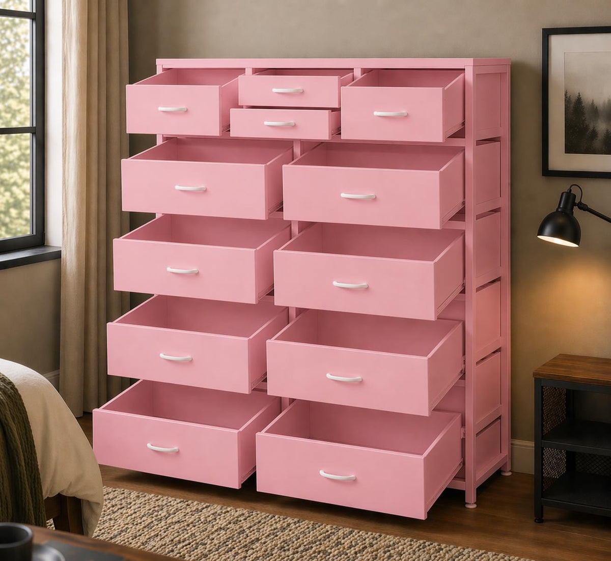 Modern Brown 14-Drawer Dresser Chest – 10 Large + 4 Small Storage Drawers with White Frame