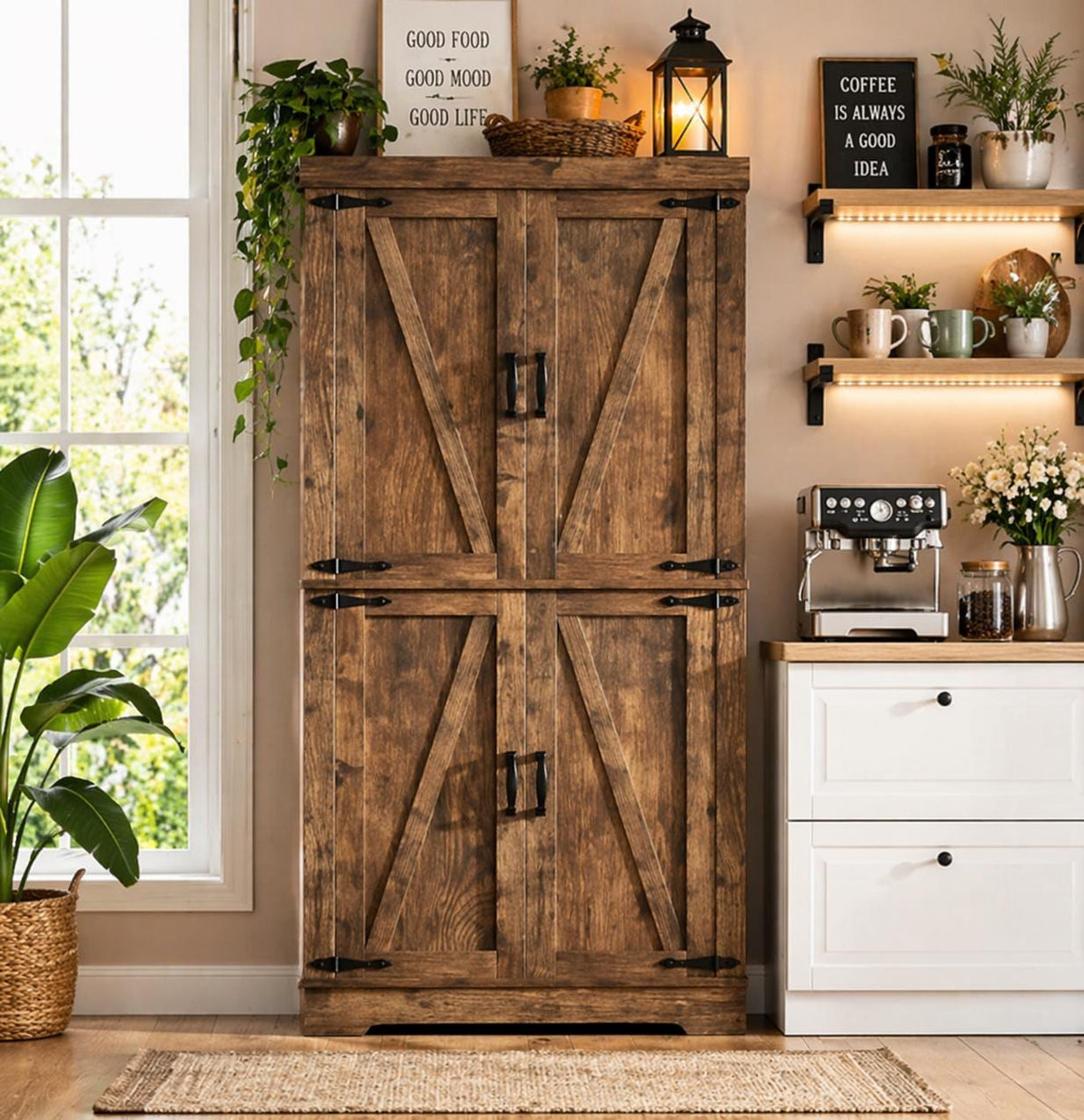 71" Rustic Farmhouse Barn Door Storage Cabinet – Dark Walnut Wood Armoire with 4 Doors