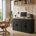 Modern Black Sideboard Cabinet with Natural Wood Top – 4 Door Storage Console with 2 Drawers
