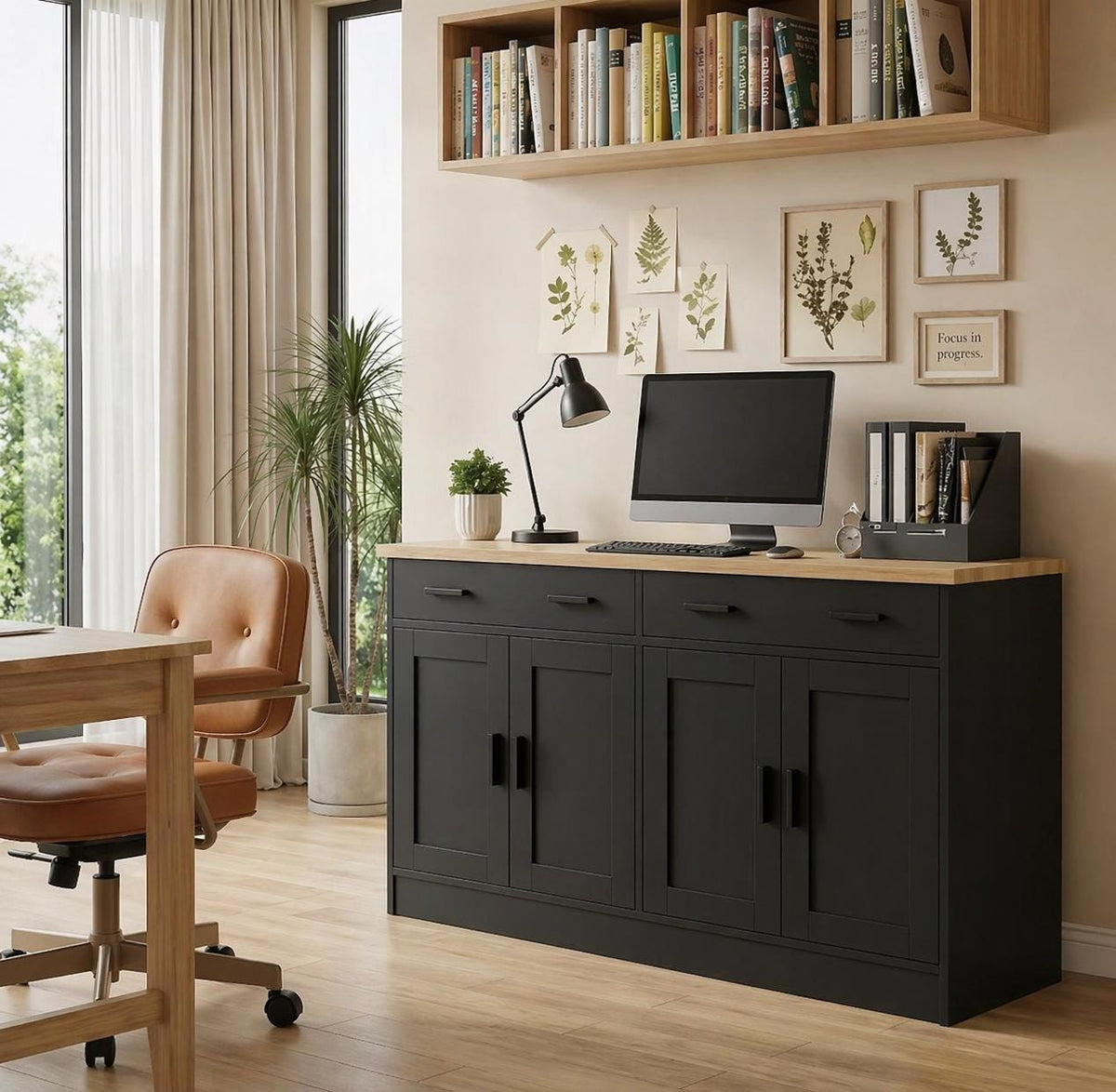 Modern Black Sideboard Cabinet with Natural Wood Top – 4 Door Storage Console with 2 Drawers