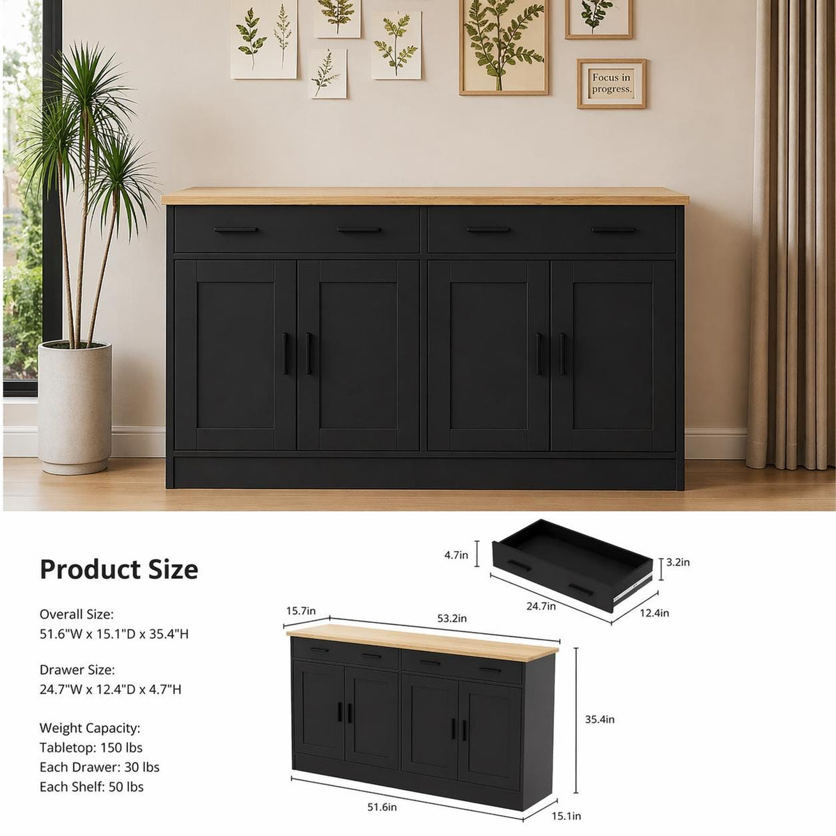 Modern Black Sideboard Cabinet with Natural Wood Top – 4 Door Storage Console with 2 Drawers