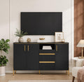 Modern Black & Gold Fluted Accent Cabinet with Storage Shelves and Double Doors