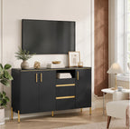 Modern Black & Gold Fluted Accent Cabinet with Storage Shelves and Double Doors