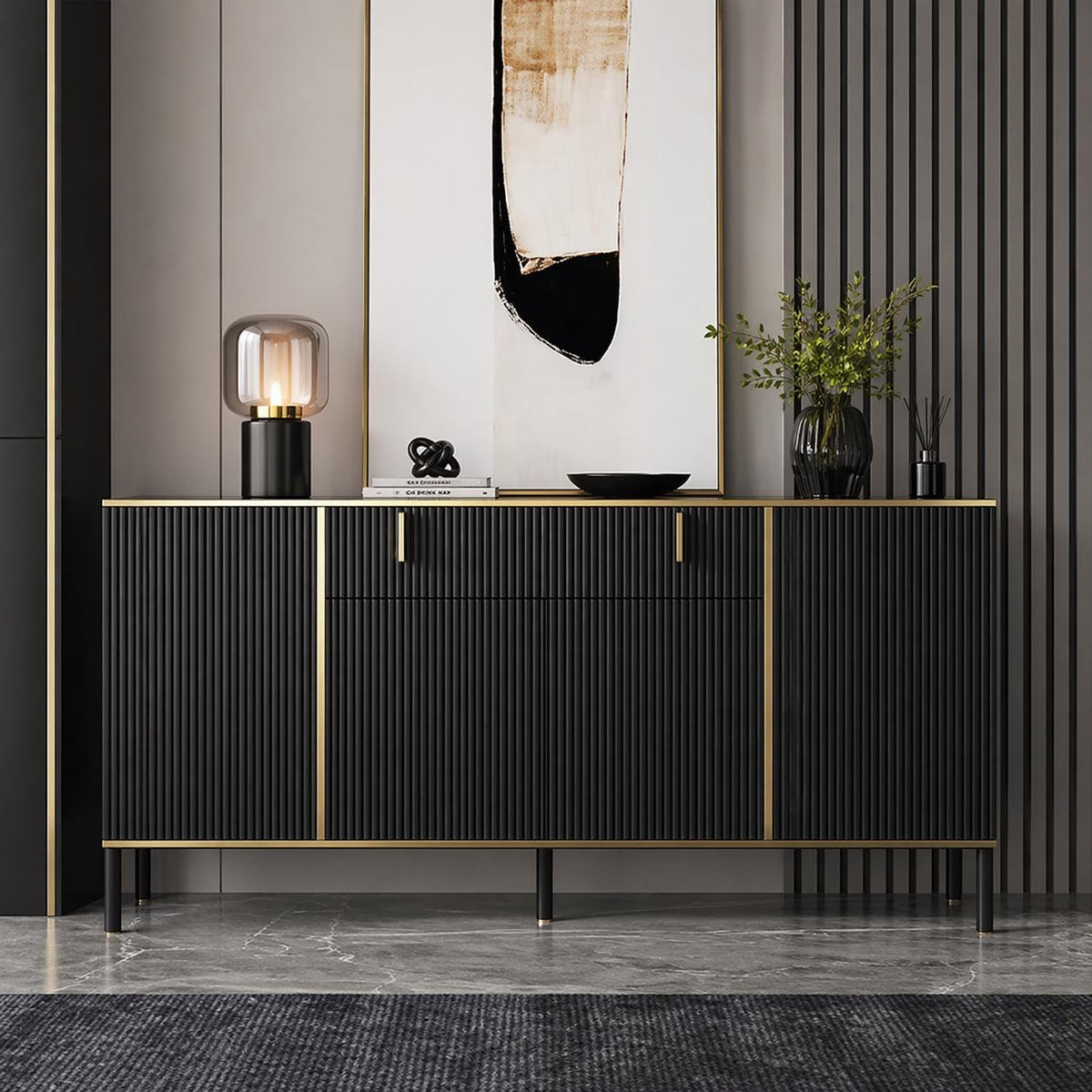 Modern Black & Gold Fluted Sideboard Cabinet