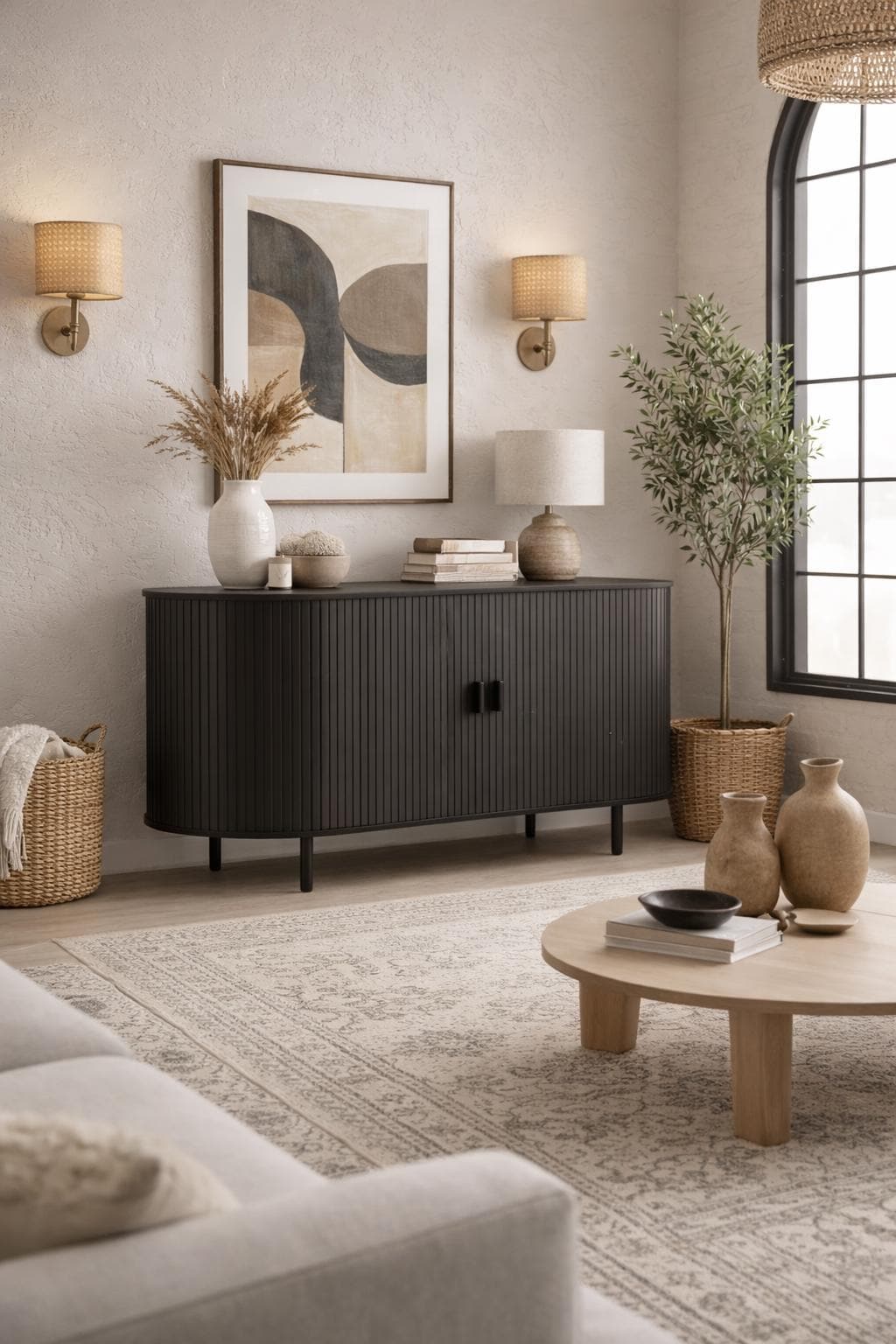 40-Inch Modern Black Fluted Sideboard Cabinet – Minimalist Storage Console with Metal Legs
