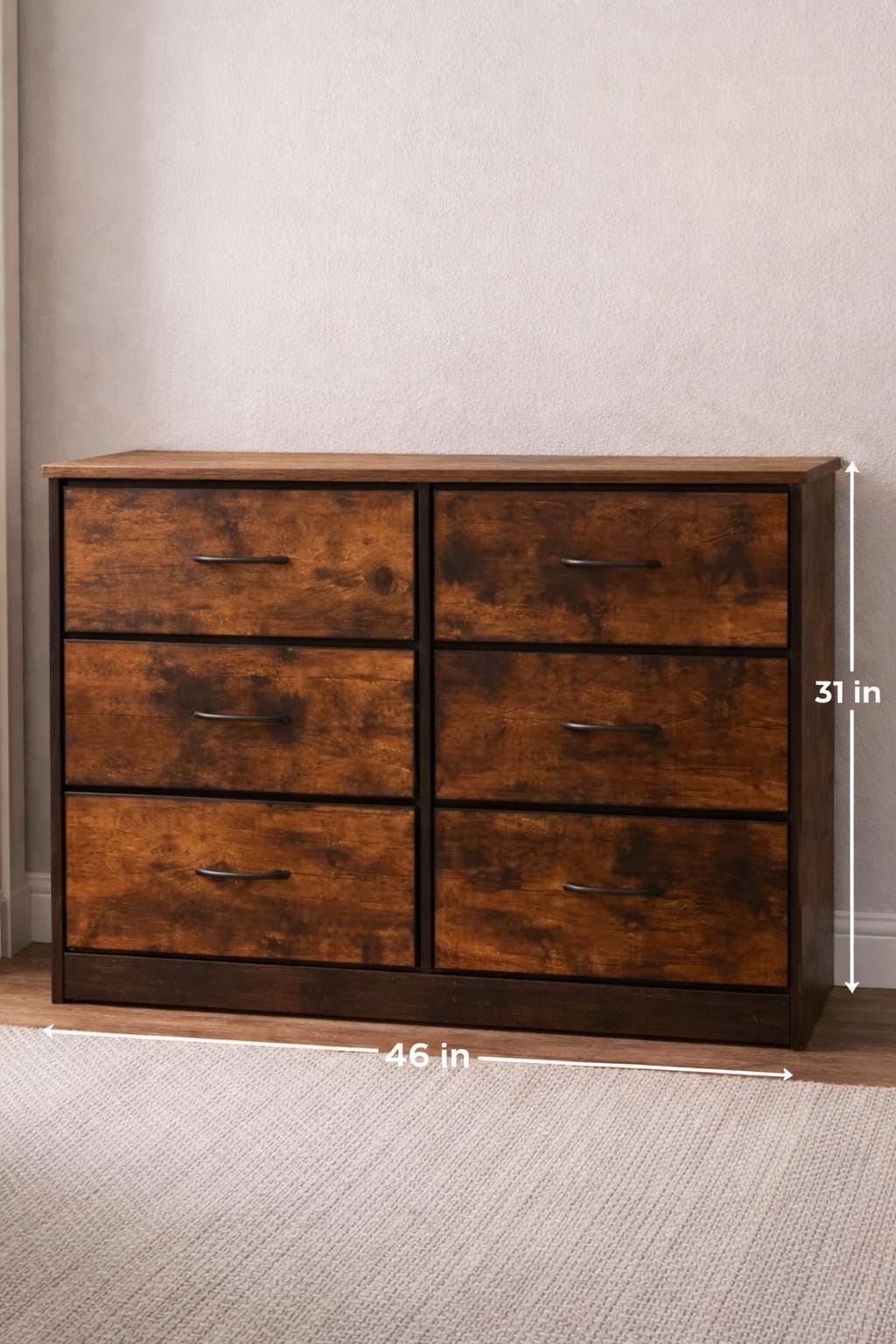 Rustic 6 Drawer Wooden Dresser | Vintage Industrial Storage Cabinet | Bedroom Sideboard Console