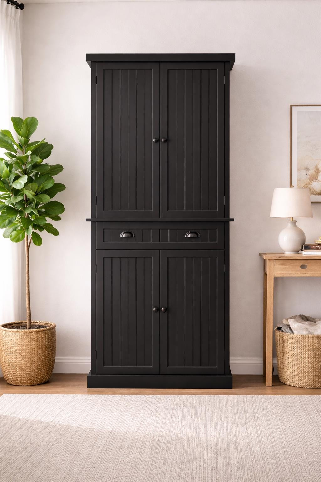 Black Wooden Storage Cabinet | Farmhouse Pantry Cupboard | Tall Multi-Storage Organizer with Doors & Drawer