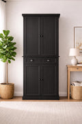 Black Wooden Storage Cabinet | Farmhouse Pantry Cupboard | Tall Multi-Storage Organizer with Doors & Drawer