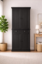 Black Wooden Storage Cabinet | Farmhouse Pantry Cupboard | Tall Multi-Storage Organizer with Doors & Drawer