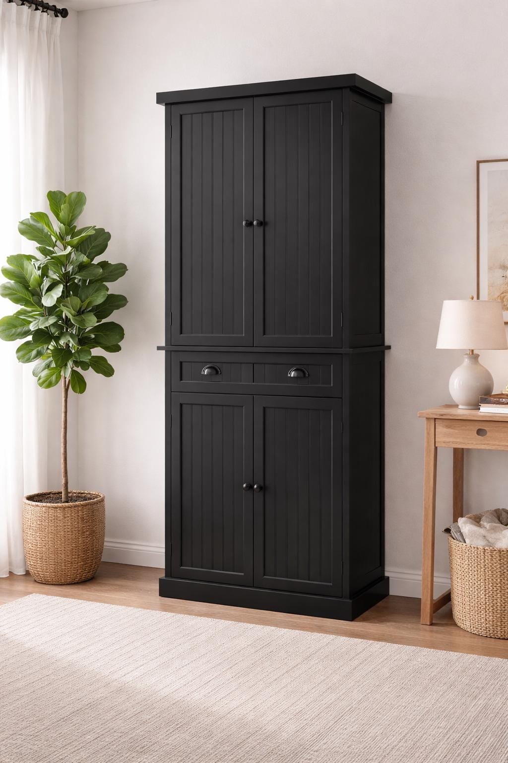 Black Wooden Storage Cabinet | Farmhouse Pantry Cupboard | Tall Multi-Storage Organizer with Doors & Drawer