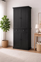 Black Wooden Storage Cabinet | Farmhouse Pantry Cupboard | Tall Multi-Storage Organizer with Doors & Drawer
