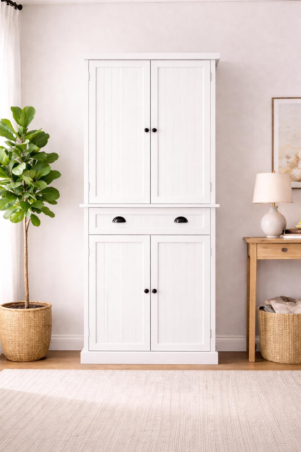 Black Wooden Storage Cabinet | Farmhouse Pantry Cupboard | Tall Multi-Storage Organizer with Doors & Drawer