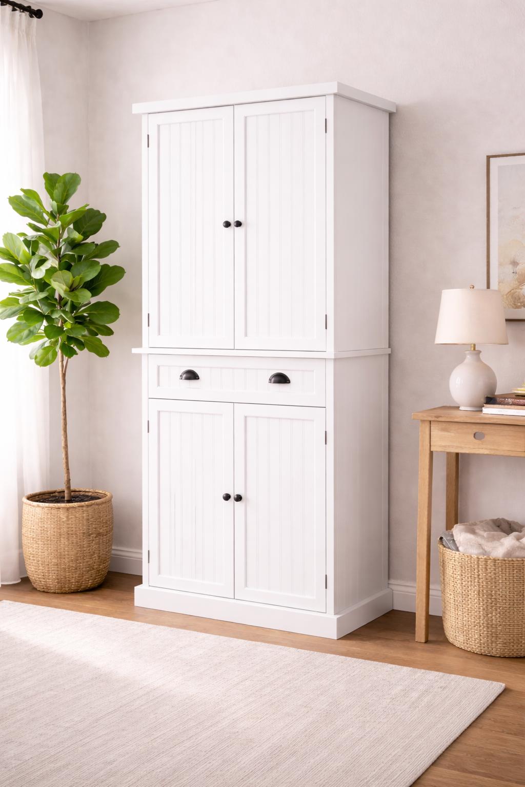 Black Wooden Storage Cabinet | Farmhouse Pantry Cupboard | Tall Multi-Storage Organizer with Doors & Drawer
