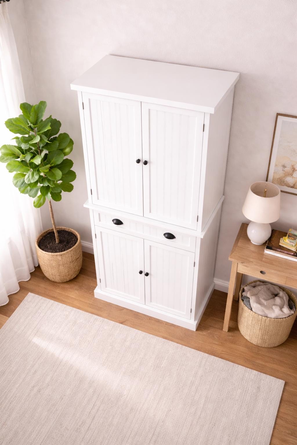 Black Wooden Storage Cabinet | Farmhouse Pantry Cupboard | Tall Multi-Storage Organizer with Doors & Drawer