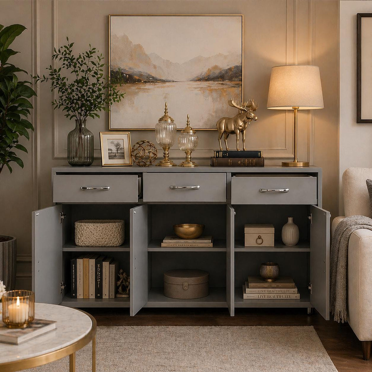 Modern Grey Buffet Sideboard Cabinet – 3 Doors, 3 Drawers, Kitchen Storage Cupboard