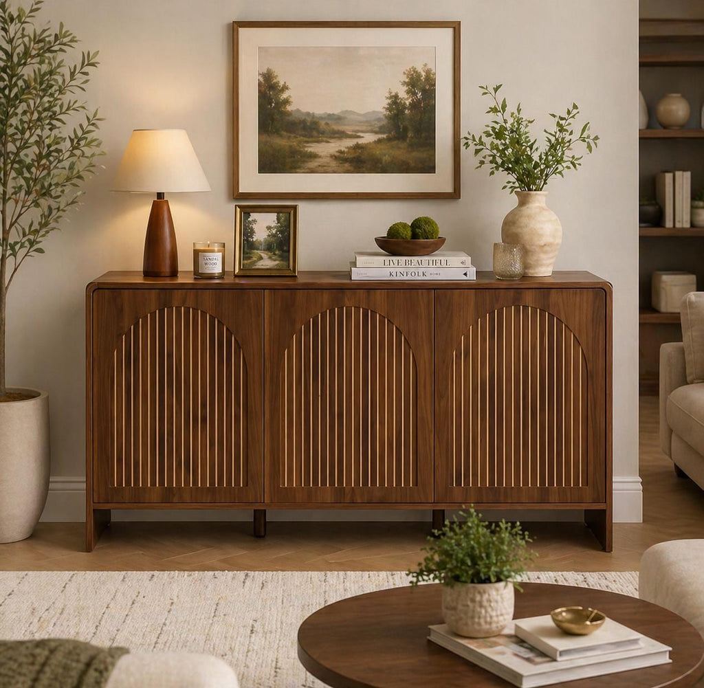 Arched Wood Sideboard Cabinet – Slatted Mid-Century Storage Buffet Console