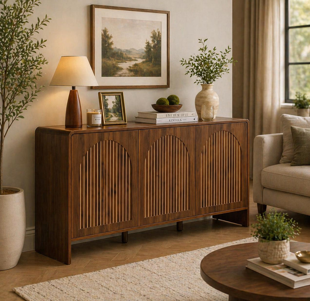 Arched Wood Sideboard Cabinet – Slatted Mid-Century Storage Buffet Console