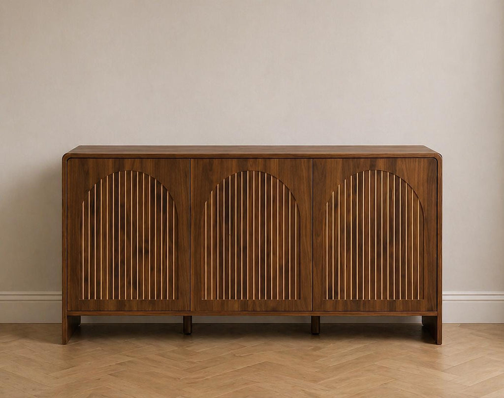 Arched Wood Sideboard Cabinet – Slatted Mid-Century Storage Buffet Console
