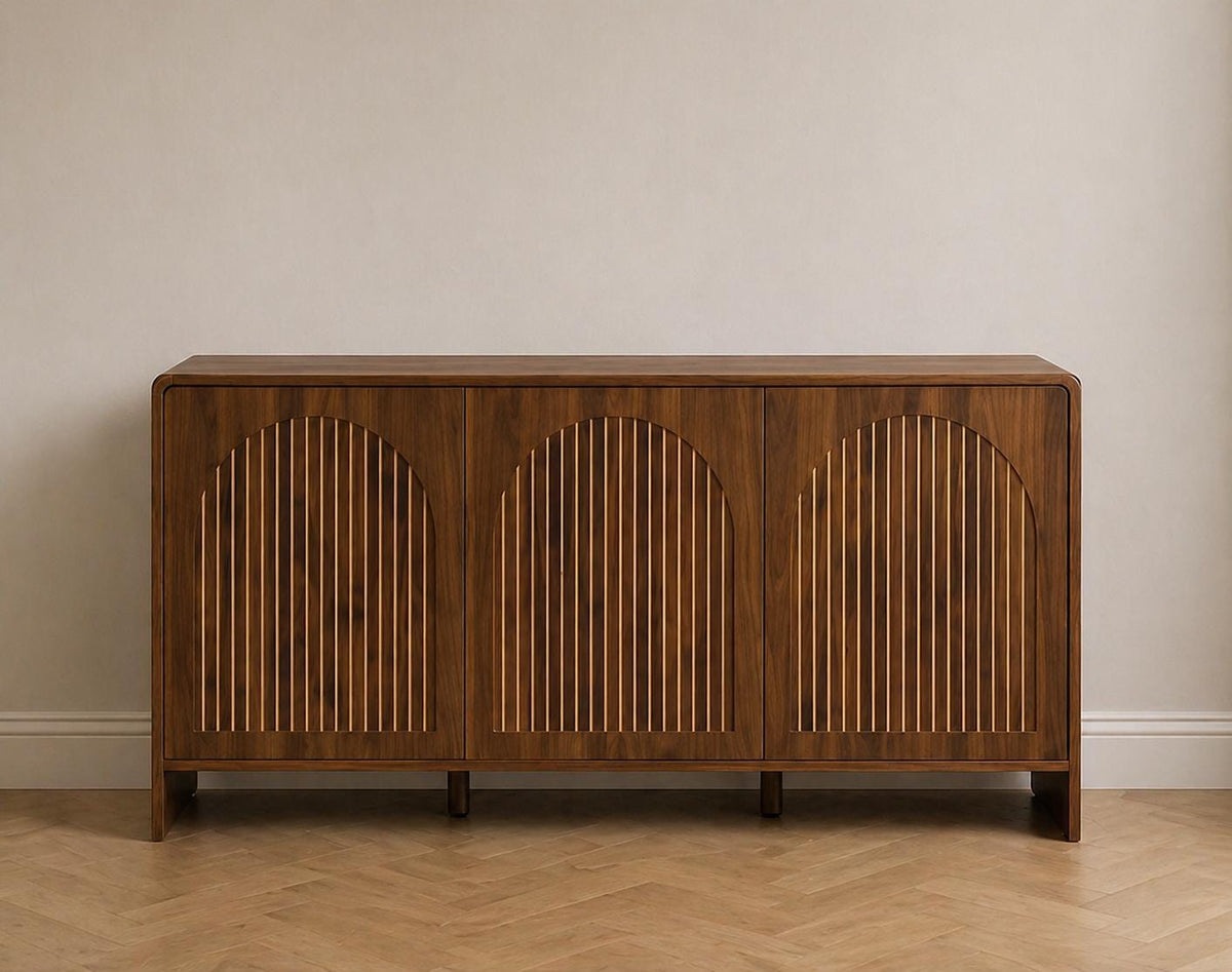 Arched Wood Sideboard Cabinet – Slatted Mid-Century Storage Buffet Console