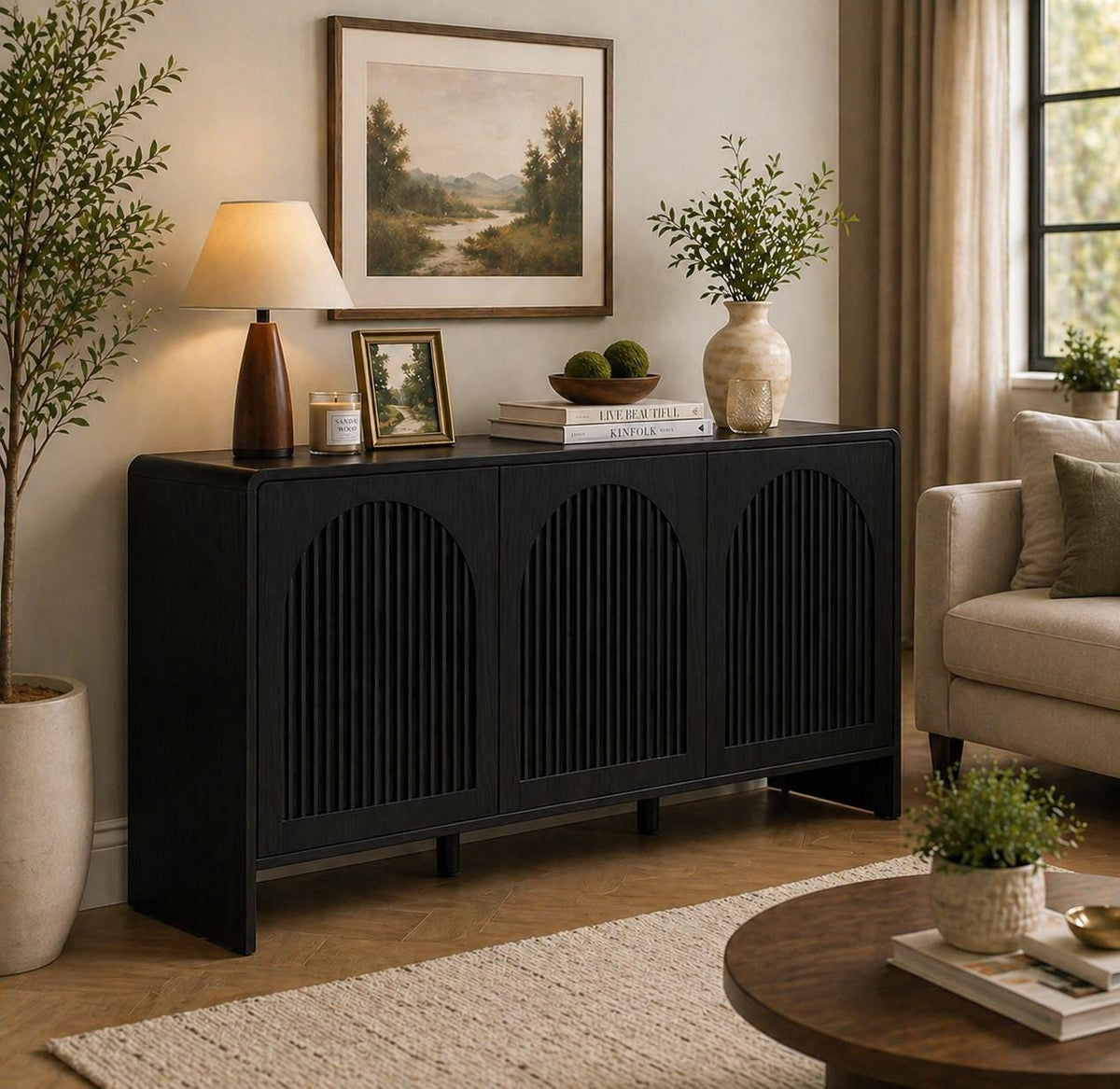Arched Wood Sideboard Cabinet – Slatted Mid-Century Storage Buffet Console