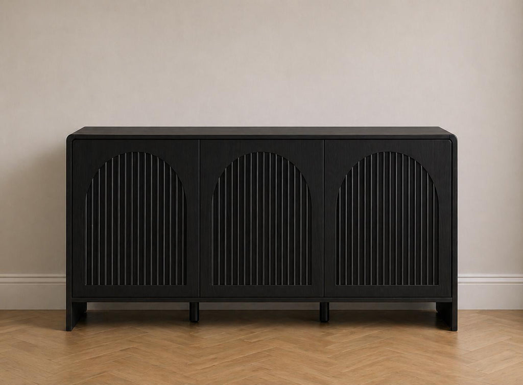 Arched Wood Sideboard Cabinet – Slatted Mid-Century Storage Buffet Console