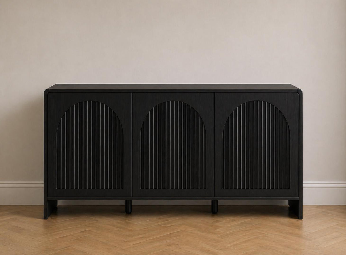 Arched Wood Sideboard Cabinet – Slatted Mid-Century Storage Buffet Console