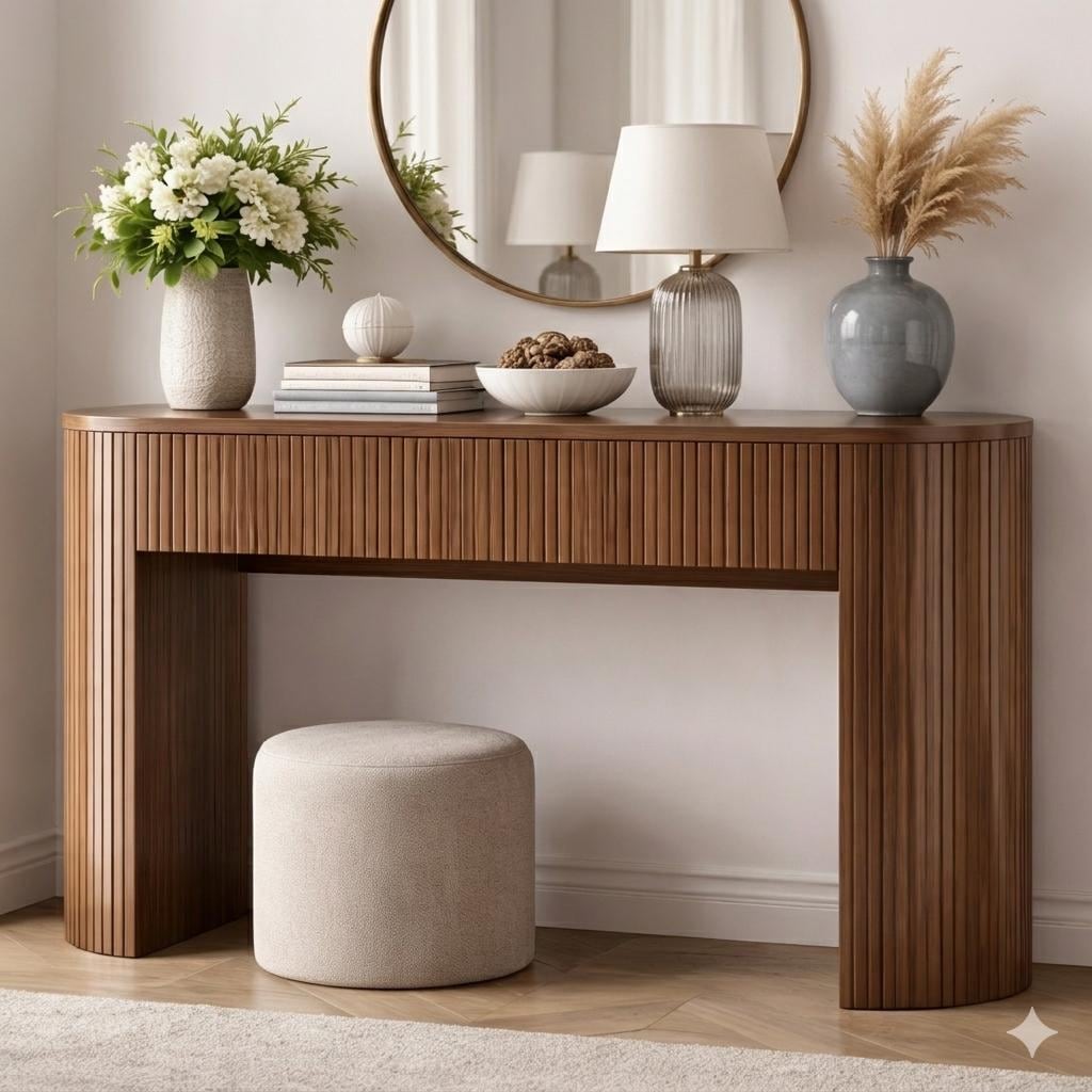 Modern Fluted Wood Console Table – Minimalist Entryway Table with Elegant Ribbed Design