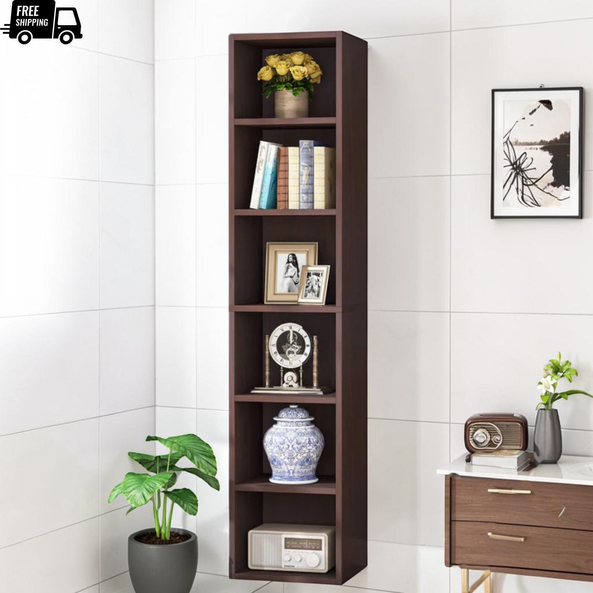Corner Bookcase 6 Tier Narrow Display Shelf