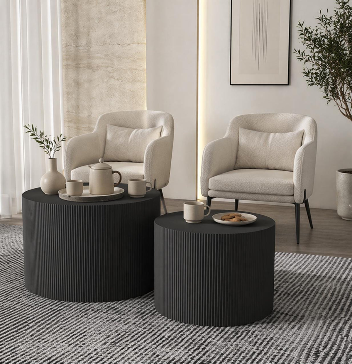 Modern Black Ribbed Drum Nesting Coffee Tables – Set of 2 Side Tables