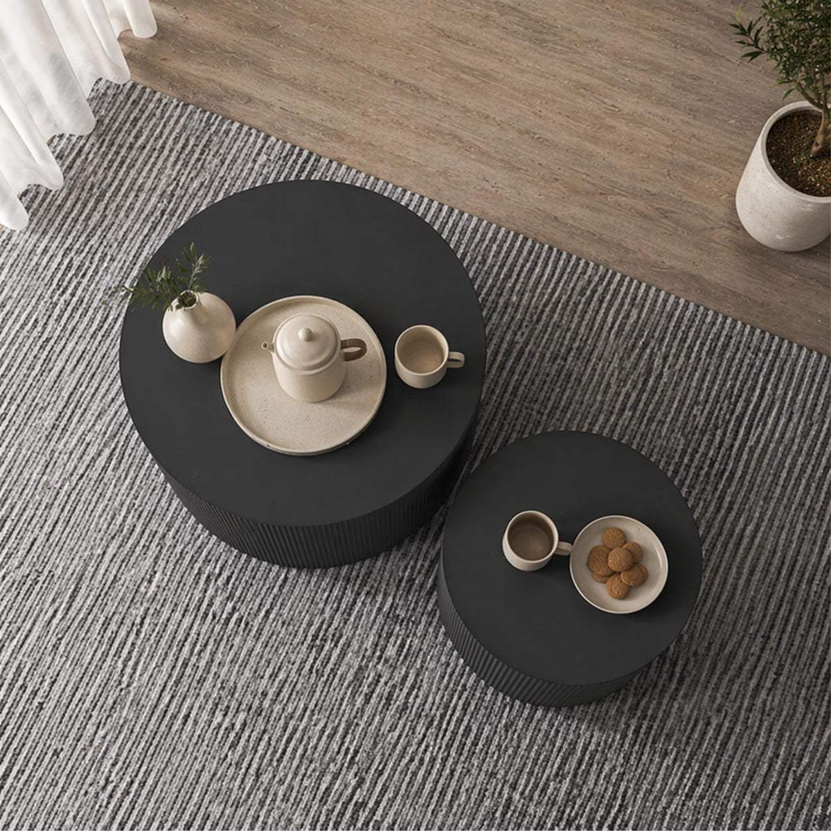 Modern Black Ribbed Drum Nesting Coffee Tables – Set of 2 Side Tables