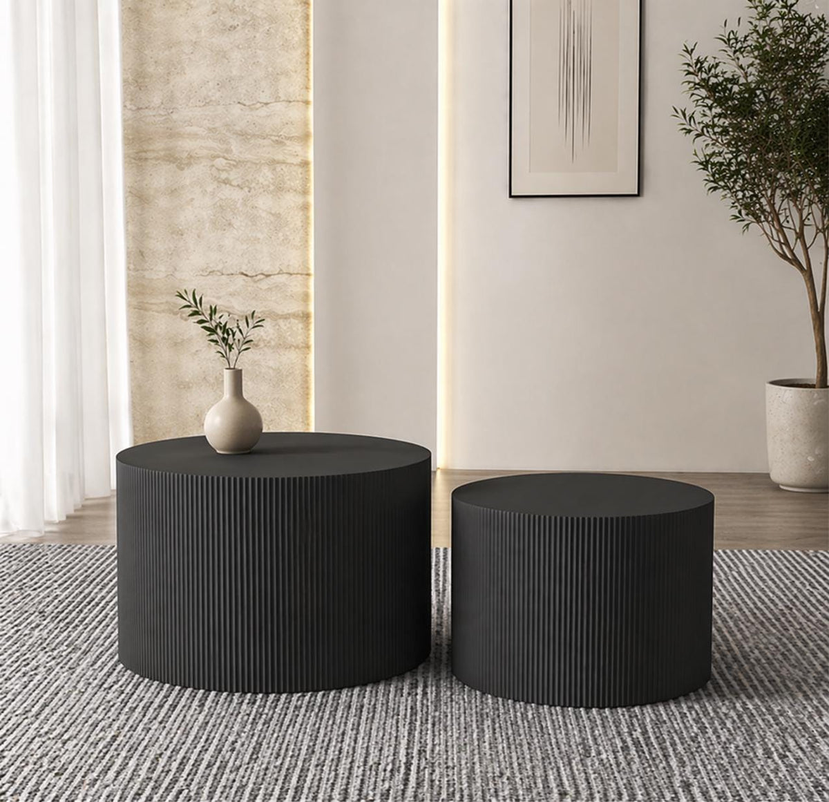 Modern Black Ribbed Drum Nesting Coffee Tables – Set of 2 Side Tables