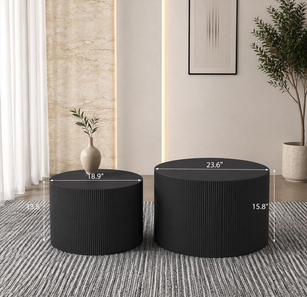 Modern Black Ribbed Drum Nesting Coffee Tables – Set of 2 Side Tables