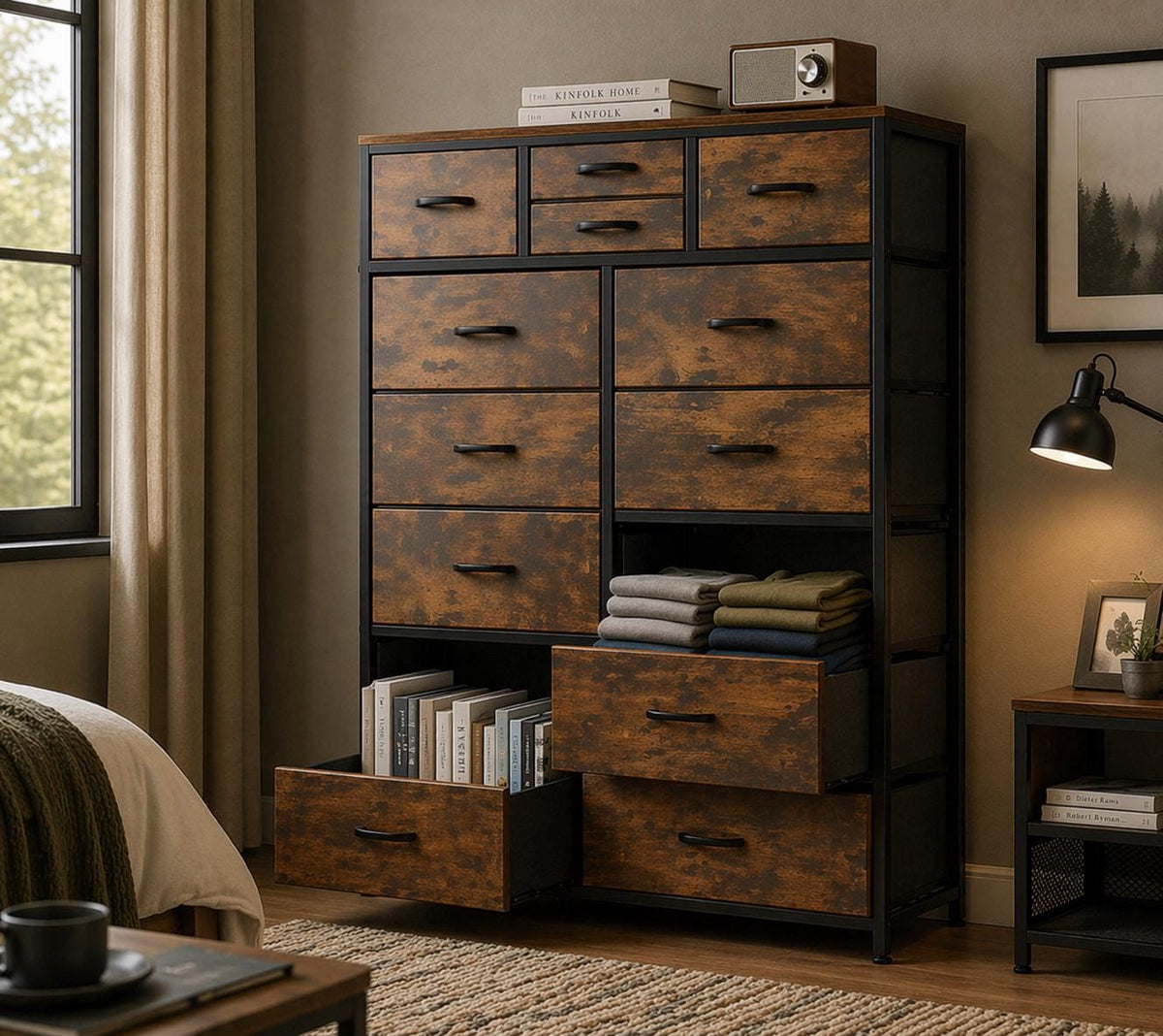 Modern Brown 14-Drawer Dresser Chest – 10 Large + 4 Small Storage Drawers with White Frame